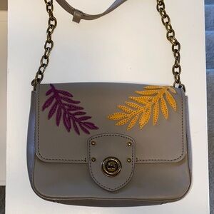 Ralph Lauren Gray Crossbody Bag with Purple and Yellow Leaf Design